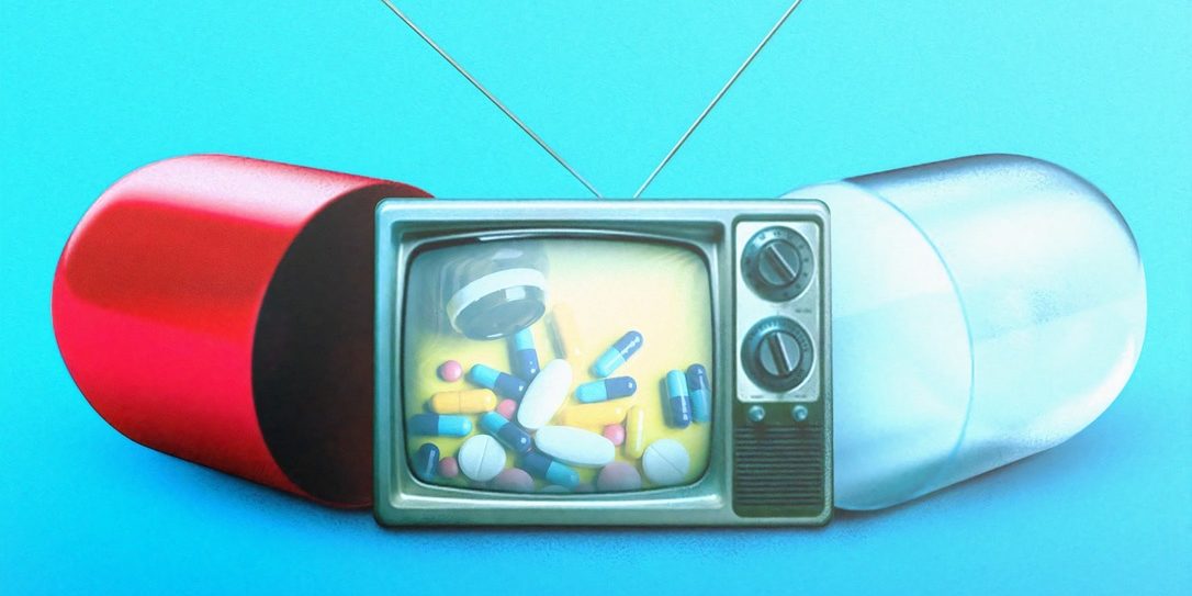A pill broken in half with a TV inside of it